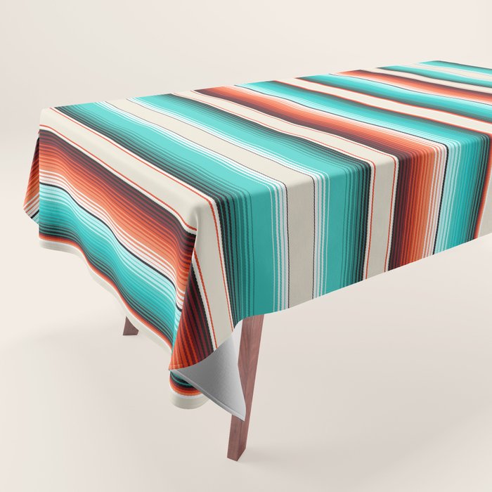 Navajo White, Turquoise and Burnt Orange Southwest Serape Blanket Stripes Tablecloth Gallery Image 1
