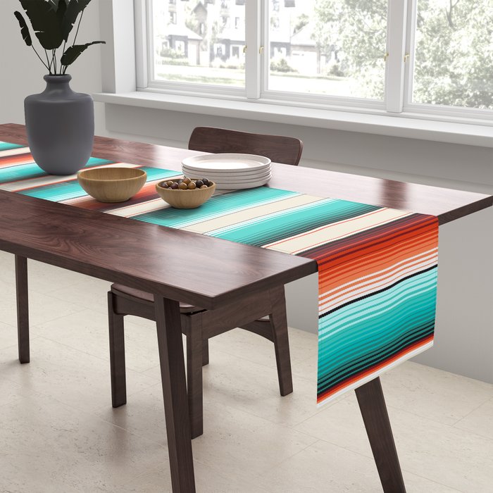 Navajo White, Turquoise and Burnt Orange Southwest Serape Blanket Stripes Table Runner Gallery Image 2
