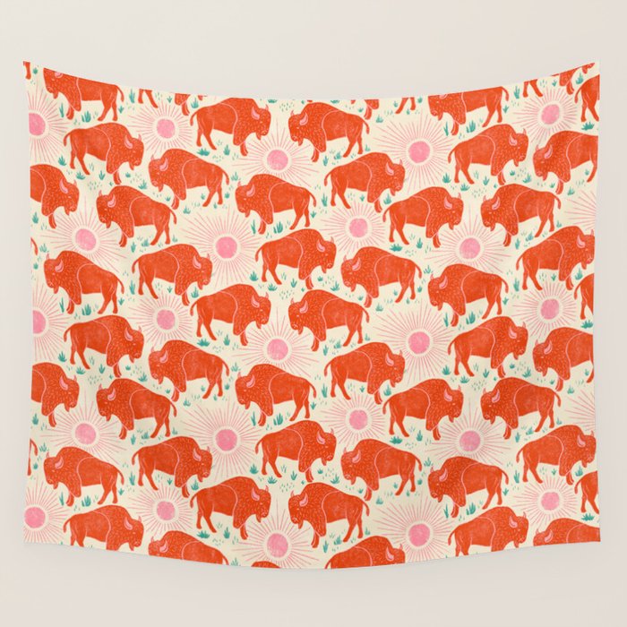 Bison - tomato red, pink, and teal, on cream Wall Tapestry Gallery Image 4