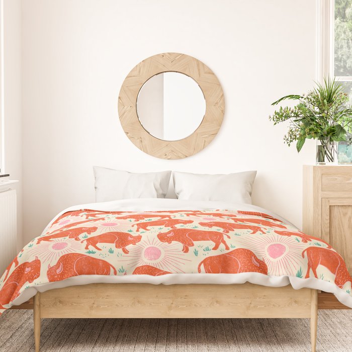 Bison - tomato red, pink, and teal, on cream Duvet Cover Gallery Image 3