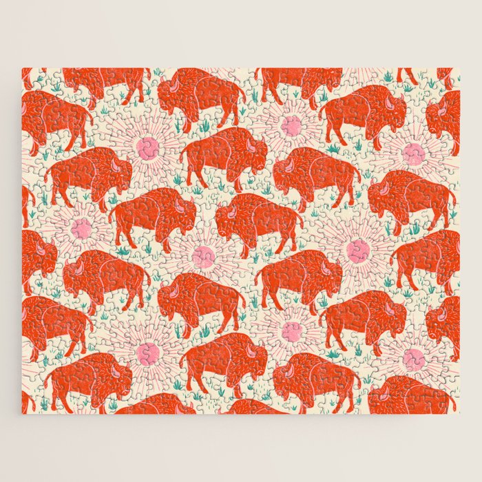 Bison - tomato red, pink, and teal, on cream Jigsaw Puzzle Gallery Image 1
