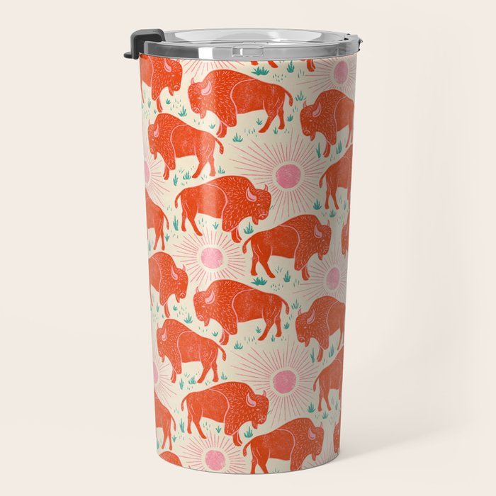 Bison - tomato red, pink, and teal, on cream Travel Mug Gallery Image 3
