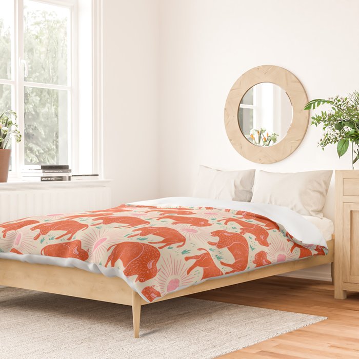 Bison - tomato red, pink, and teal, on cream Duvet Cover Gallery Image 2