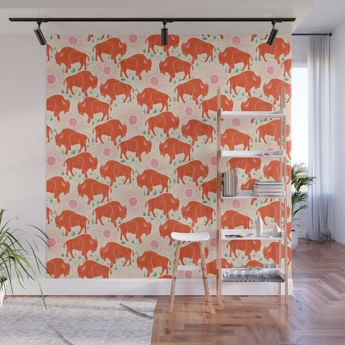 Bison - tomato red, pink, and teal, on cream Wall Mural Gallery Image 1
