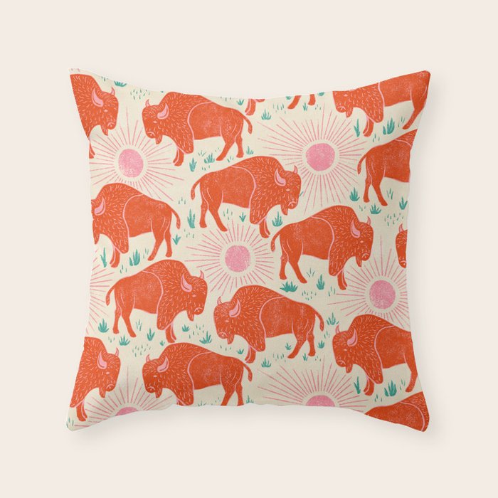 Bison - tomato red, pink, and teal, on cream Throw Pillow Gallery Image 6