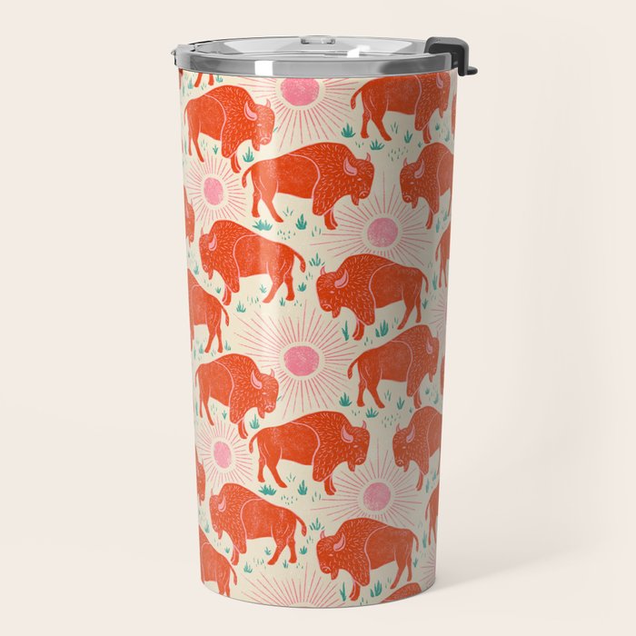 Bison - tomato red, pink, and teal, on cream Travel Mug Gallery Image 2