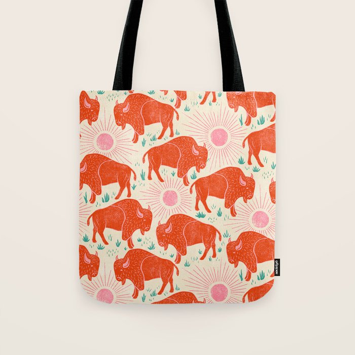 Bison - tomato red, pink, and teal, on cream Tote Bag Gallery Image 1