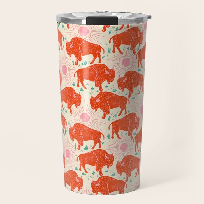 Bison - tomato red, pink, and teal, on cream Travel Mug Gallery Image 1