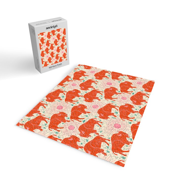 Bison - tomato red, pink, and teal, on cream Jigsaw Puzzle Gallery Image 2