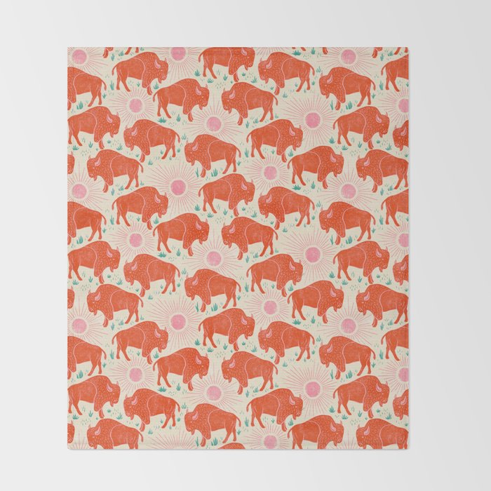 Bison - tomato red, pink, and teal, on cream Throw Blanket Gallery Image 2