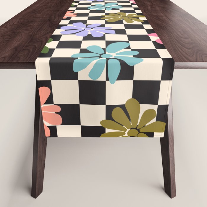 Black and White Checkered - Retro Rainbow Daisies  Table Runner Gallery Image 1