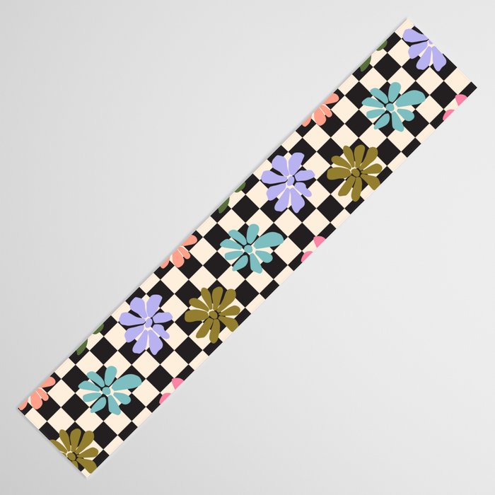 Black and White Checkered - Retro Rainbow Daisies  Table Runner Gallery Image 3