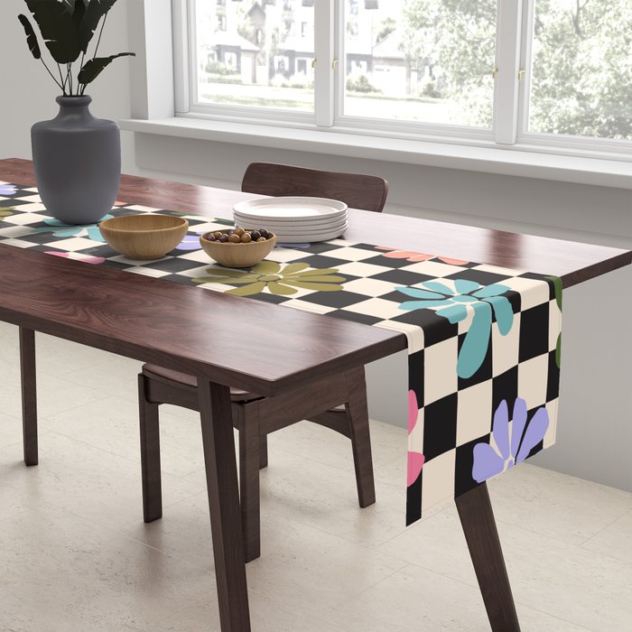 Black and White Checkered - Retro Rainbow Daisies  Table Runner Gallery Image 2
