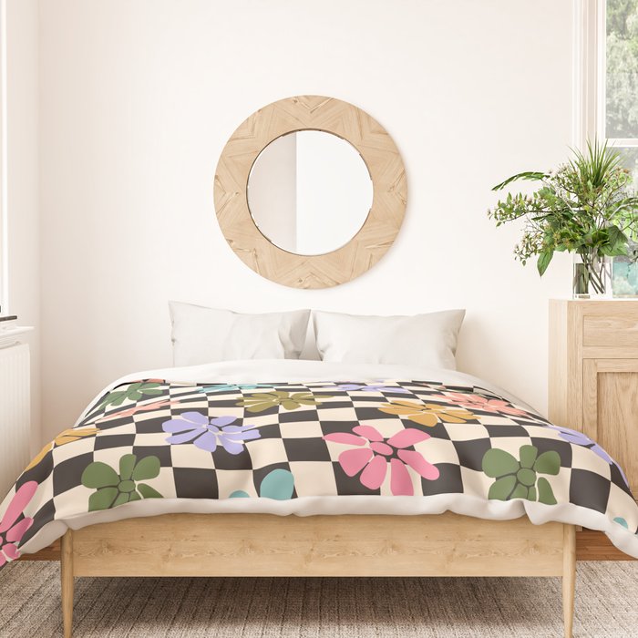 Black and White Checkered - Retro Rainbow Daisies  Duvet Cover Gallery Image 3