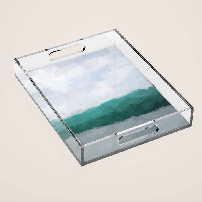 Surfs Up - Aqua Teal Turquoise Sky Blue White Gray Abstract Painting Art Water Ocean Waves Acrylic Tray Gallery Image 1