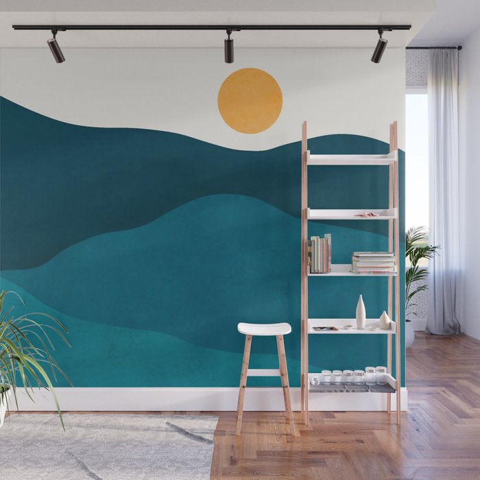 Teal Mountains Minimal Landscape Wall Mural Gallery Image 1