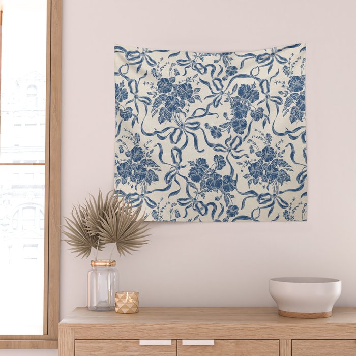 Chic Modern Vintage Ivory Navy Blue Floral Pattern Wall Tapestry Gallery Image 2