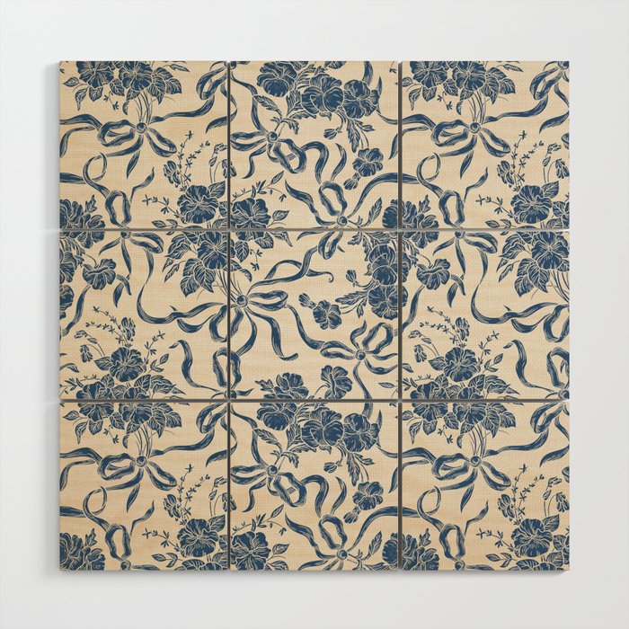 Chic Modern Vintage Ivory Navy Blue Floral Pattern Wood Wall Art Gallery Image 1