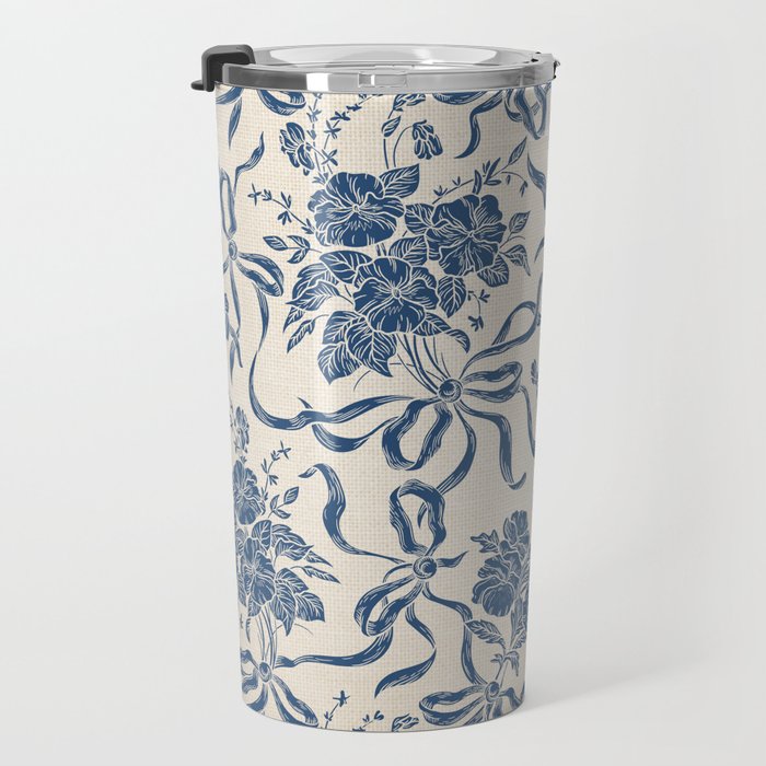 Chic Modern Vintage Ivory Navy Blue Floral Pattern Travel Mug Gallery Image 3