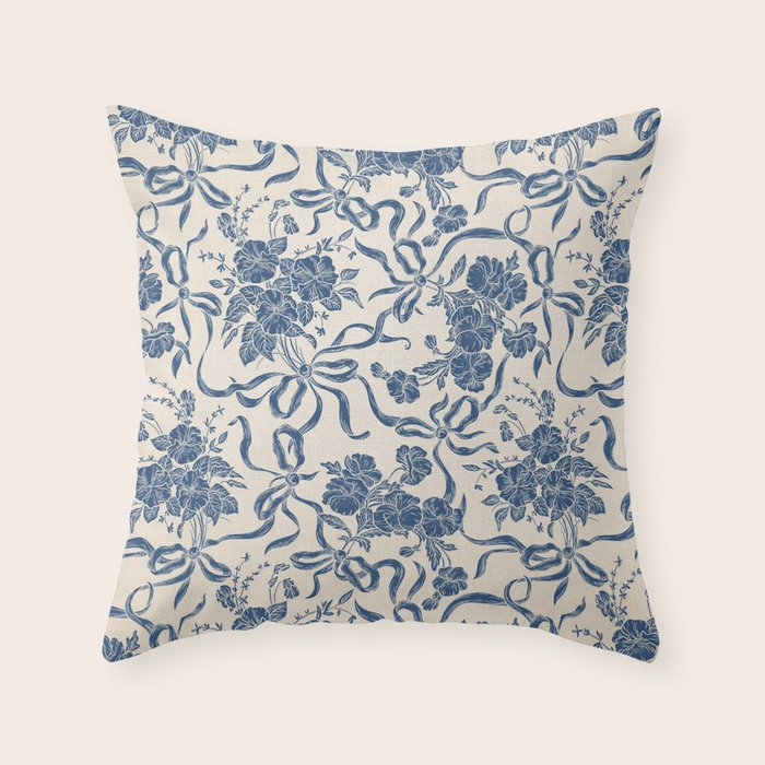 Chic Modern Vintage Ivory Navy Blue Floral Pattern Throw Pillow Gallery Image 6