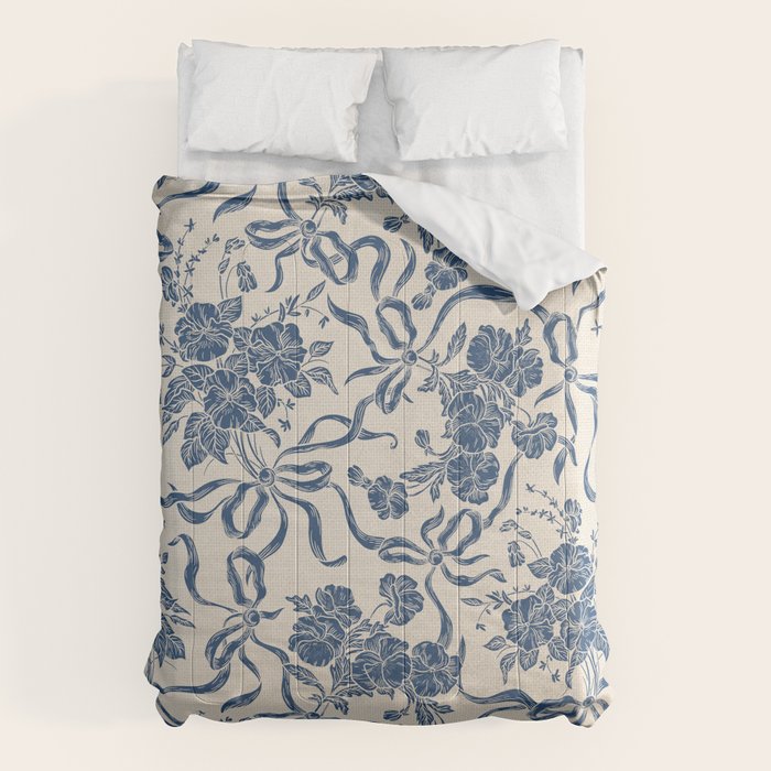 Chic Modern Vintage Ivory Navy Blue Floral Pattern Comforter Gallery Image 6