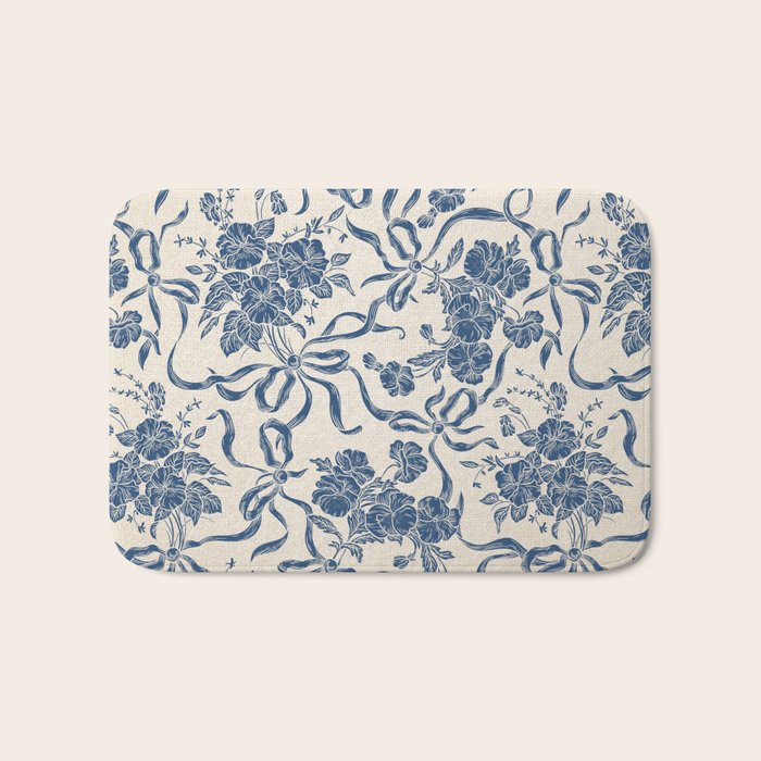 Chic Modern Vintage Ivory Navy Blue Floral Pattern Bath Mat Gallery Image 1