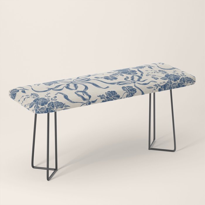 Chic Modern Vintage Ivory Navy Blue Floral Pattern Bench Gallery Image 1