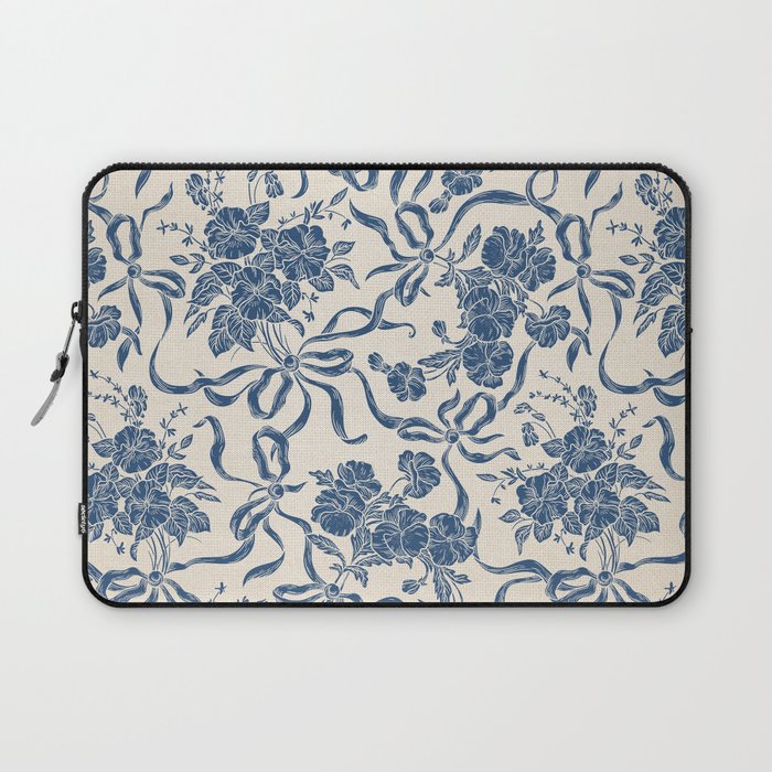Chic Modern Vintage Ivory Navy Blue Floral Pattern Laptop Sleeve Gallery Image 1