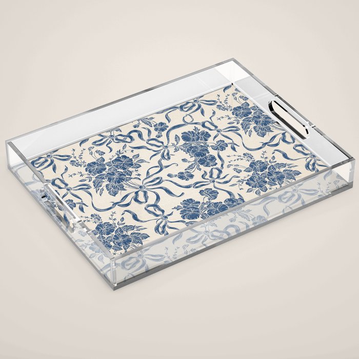 Chic Modern Vintage Ivory Navy Blue Floral Pattern Acrylic Tray Gallery Image 1