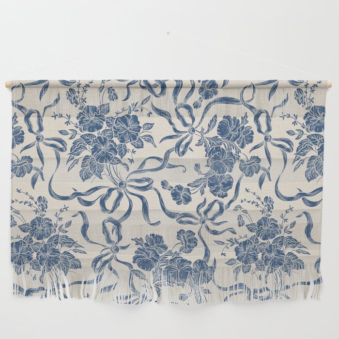 Chic Modern Vintage Ivory Navy Blue Floral Pattern Wall Hanging Gallery Image 1