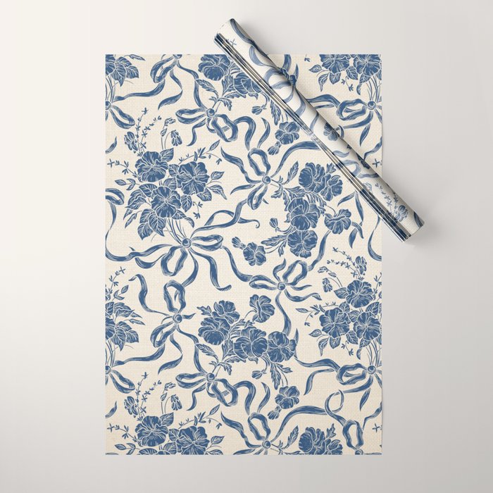 Chic Modern Vintage Ivory Navy Blue Floral Pattern Wrapping Paper Gallery Image 1