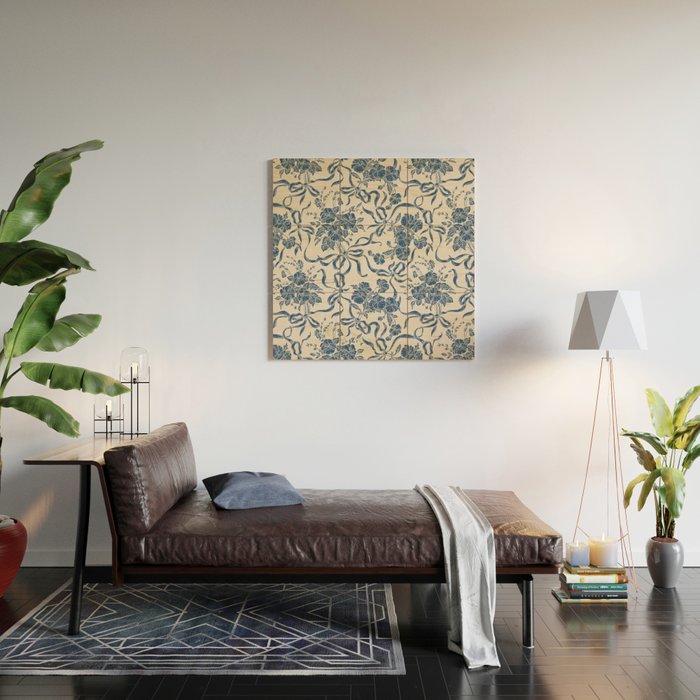 Chic Modern Vintage Ivory Navy Blue Floral Pattern Wood Wall Art Gallery Image 2