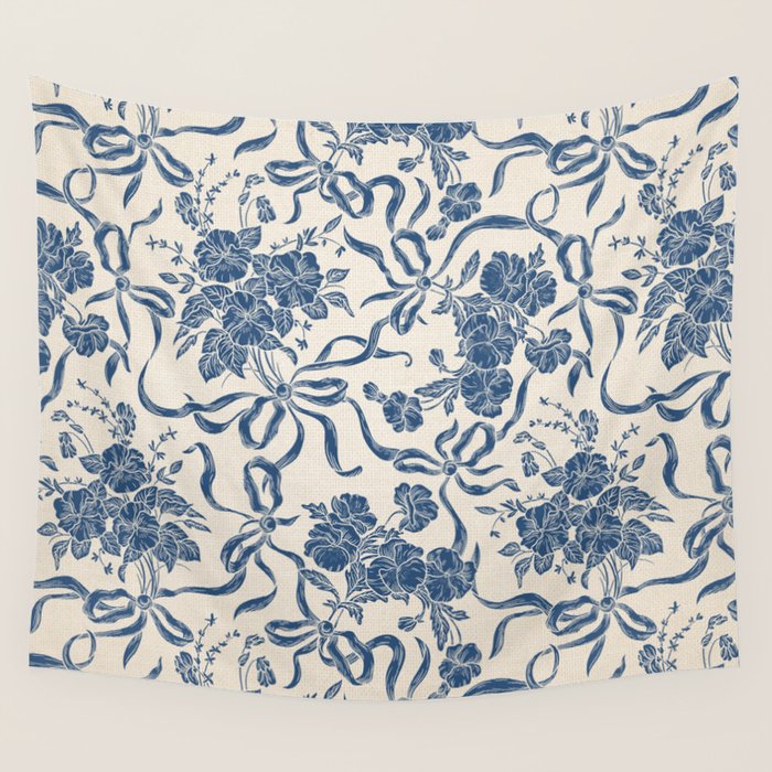 Chic Modern Vintage Ivory Navy Blue Floral Pattern Wall Tapestry Gallery Image 4