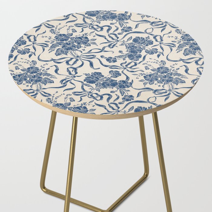 Chic Modern Vintage Ivory Navy Blue Floral Pattern Side Table Gallery Image 2