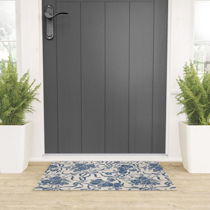 Chic Modern Vintage Ivory Navy Blue Floral Pattern Welcome Mat Gallery Image 3