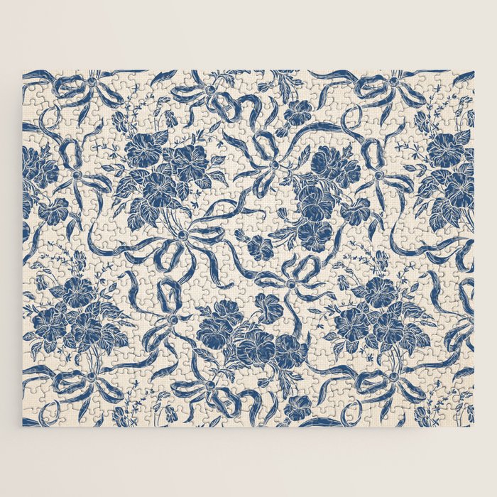 Chic Modern Vintage Ivory Navy Blue Floral Pattern Jigsaw Puzzle Gallery Image 1