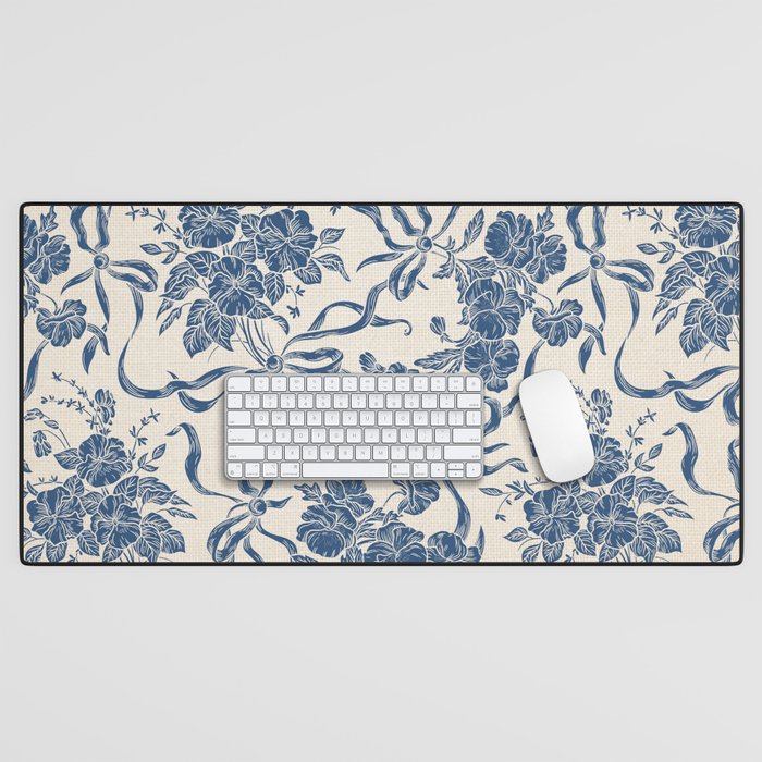 Chic Modern Vintage Ivory Navy Blue Floral Pattern Desk Mat Gallery Image 1
