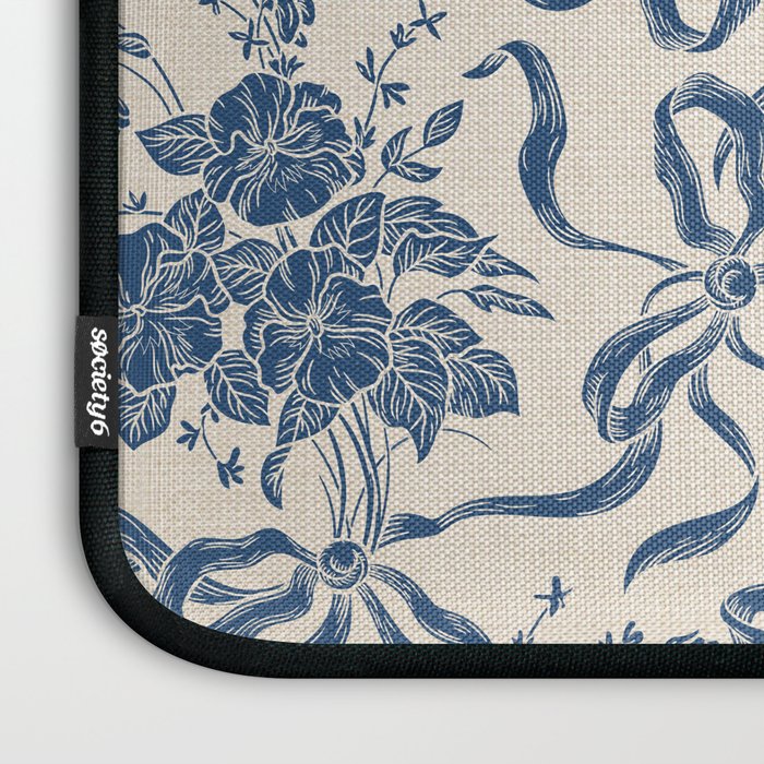 Chic Modern Vintage Ivory Navy Blue Floral Pattern Laptop Sleeve Gallery Image 3