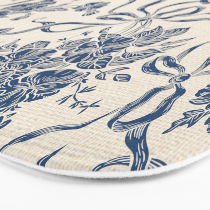 Chic Modern Vintage Ivory Navy Blue Floral Pattern Bath Mat Gallery Image 3