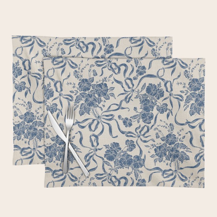 Chic Modern Vintage Ivory Navy Blue Floral Pattern Placemat Gallery Image 1