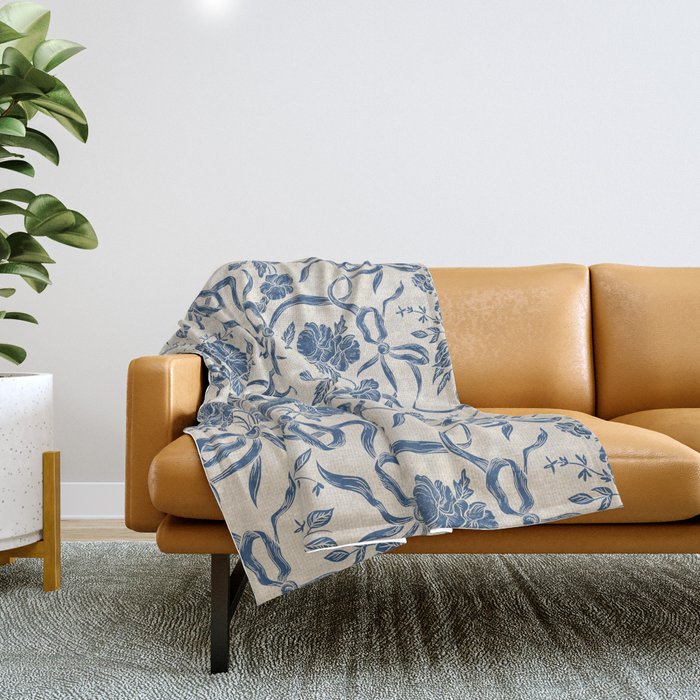 Chic Modern Vintage Ivory Navy Blue Floral Pattern Throw Blanket Gallery Image 1