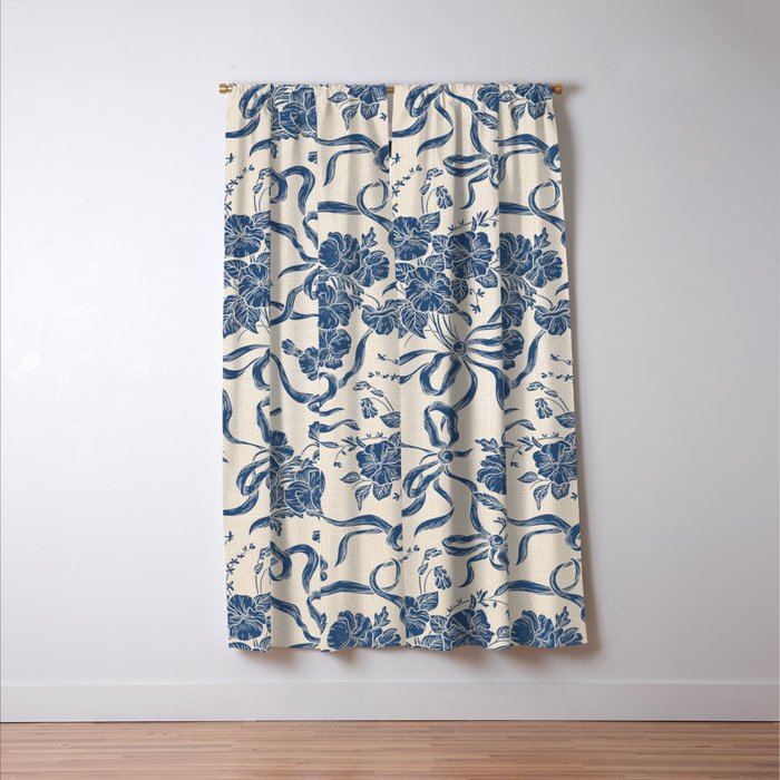 Chic Modern Vintage Ivory Navy Blue Floral Pattern Window Curtain Gallery Image 3