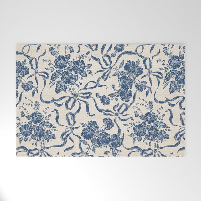 Chic Modern Vintage Ivory Navy Blue Floral Pattern Welcome Mat Gallery Image 1