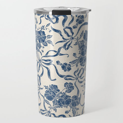 Chic Modern Vintage Ivory Navy Blue Floral Pattern Travel Mug