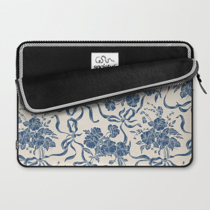 Chic Modern Vintage Ivory Navy Blue Floral Pattern Laptop Sleeve Gallery Image 2
