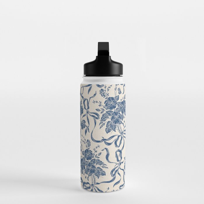 Chic Modern Vintage Ivory Navy Blue Floral Pattern Water Bottle Gallery Image 3