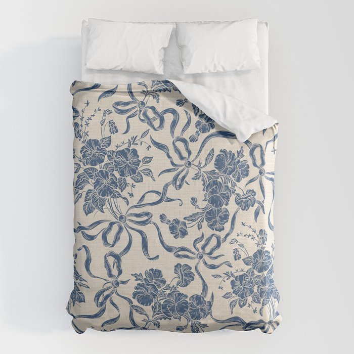 Chic Modern Vintage Ivory Navy Blue Floral Pattern Duvet Cover Gallery Image 6