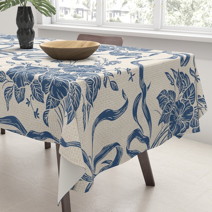 Chic Modern Vintage Ivory Navy Blue Floral Pattern Tablecloth Gallery Image 3