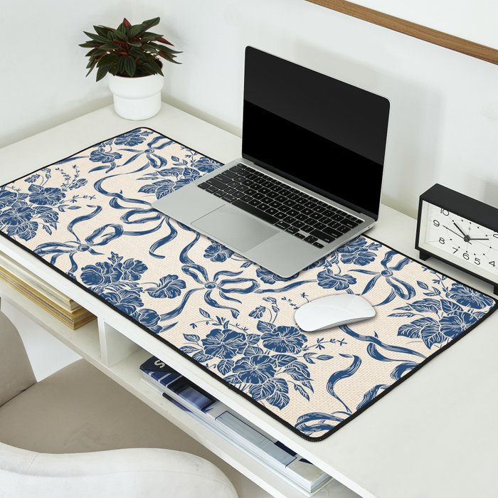 Chic Modern Vintage Ivory Navy Blue Floral Pattern Desk Mat Gallery Image 2