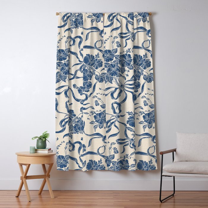Chic Modern Vintage Ivory Navy Blue Floral Pattern Window Curtain Gallery Image 5